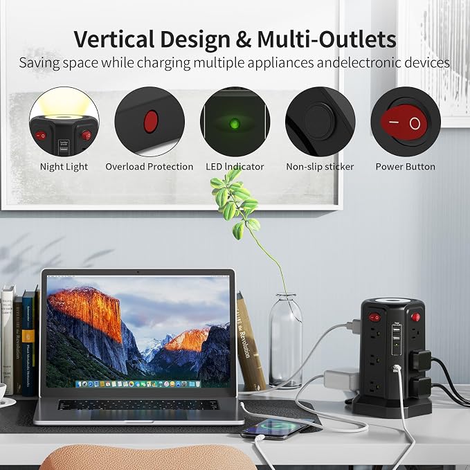 Surge Protector Power Strip 10 FT Cord, PD 20W USB C Power Strip Tower with Night Light, Extension Cord with Multiple Outlets with 4 USB Ports(2A+2C), PASSUS Charging Station Home Office Essentials
