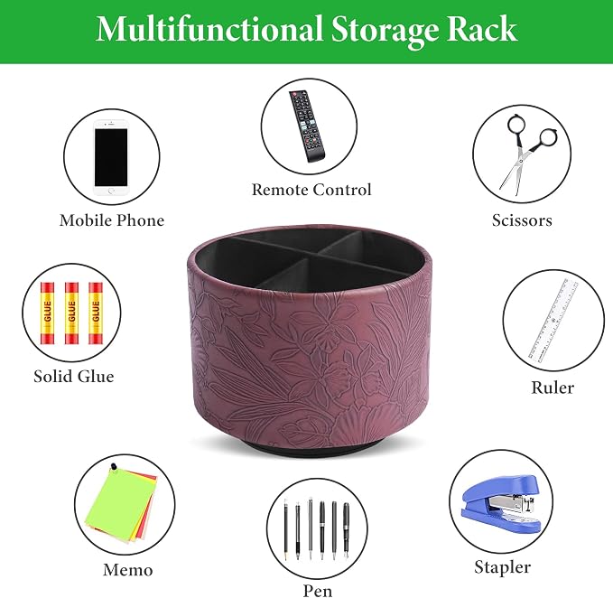 Round Leather Art Supply Organizer,Remote Control Holder,360 Degree Spinning,Multi-Functional Pencil Holder,4 Compartments Desktop Stationary Organizer(1-Carved Dark Brown)