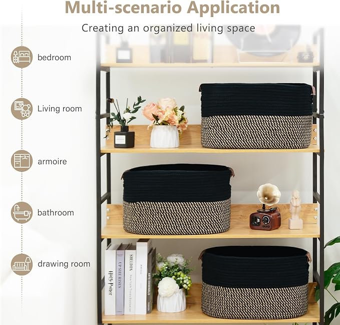 ECDYQXVU 15x10x9 Woven Cotton Rope Storage Basket, Leather Handles 1 Pack | Foldable Design, Sturdy PU Handles, Easy to Clean Organizer for Living Room, Closet, Shelves, Bedroom, Laundry, Clothes