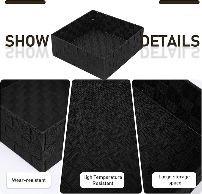 Storage Bins Woven Organizer Set of 6 – Polypropylene Storage Baskets with Metal Frame, Stackable Fabric Boxes for Drawers, Closet, Shelf, Nursery and Office, Black