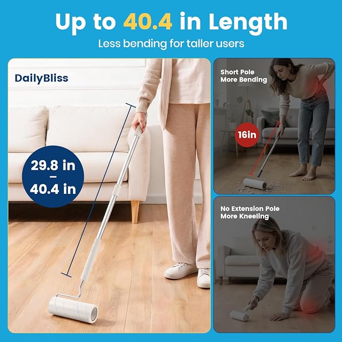 Extra Sticky Long Handle Lint Roller for Pet Hair, Floor | 500 Sheets with Easy Spiral Tear, 6.3" Wide Large Lint Roller, Cat & Dog Hair Remover for Clothes, Carpet, Giant Lint Remover