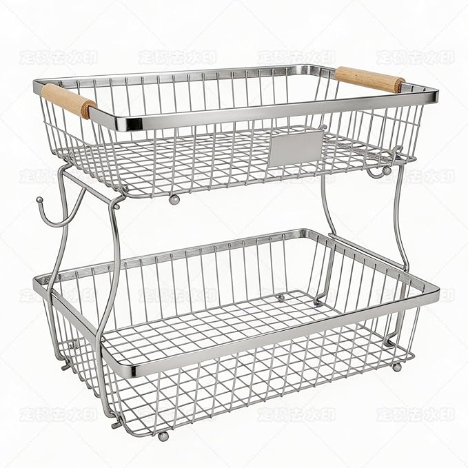 Fruit Basket Bowl 2 Tier Detachable with 2 Banana Hangers, Fruit Stand Holder for Kitchen Countertop, Metal Wire Vegetable Storage Organizer, for Bread Snack Veggies Produce, Chrome