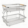 Fruit Basket Bowl 2 Tier Detachable with 2 Banana Hangers, Fruit Stand Holder for Kitchen Countertop, Metal Wire Vegetable Storage Organizer, for Bread Snack Veggies Produce, Chrome