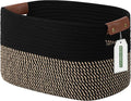 ECDYQXVU 15x10x9 Woven Cotton Rope Storage Basket, Leather Handles 1 Pack | Foldable Design, Sturdy PU Handles, Easy to Clean Organizer for Living Room, Closet, Shelves, Bedroom, Laundry, Clothes