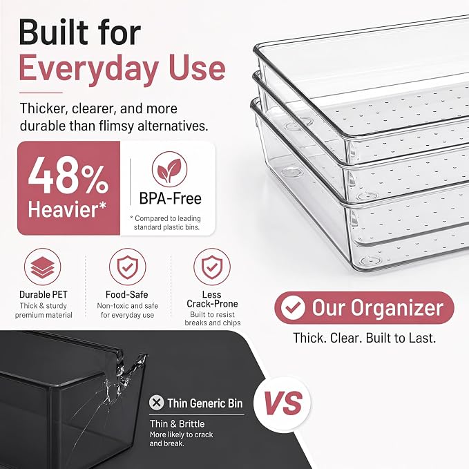 Drawer Organizer, 10 Pack Large Clear Plastic Organizer Bins 5 Sizes, Versatile Bathroom Drawer Trays, Heavy Duty Non‑Slip Drawer Dividers for Makeup, Office & Kitchen Utensils