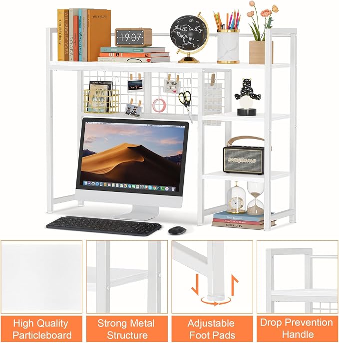 Snughome Desk Shelf, 38.6" Desktop Organizer Shelf, Desk Hutch for Computer Monitor, 4 Tier Desktop Display Rack with Pegboard Hooks Set, Wood Desk Bookshelf for Home Office Dorm, White