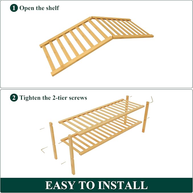 Smiry Bamboo Shoe Rack for Closet, 2 Tier Long Wooden Shoe Organizer, Stackable Wood Shoe Storage Shelf for Entryway, 14 Vertical Slats, One-piece Heavy-Duty Legs, 33.86"x11.02"x12.99", Natural