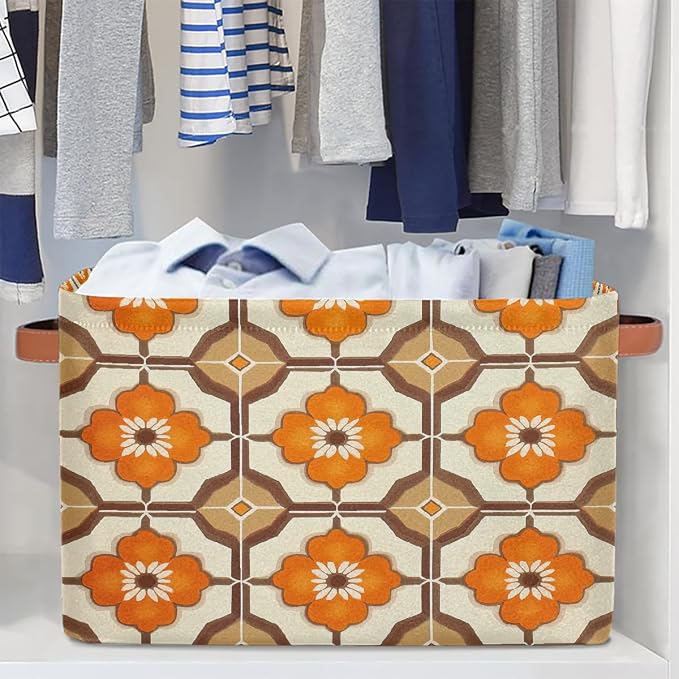 Rectangular Storage Baskets Brown Orange Flower Pattern Fabric Storage Bin Toy Organizer Box with PU Leather Handles for Room Decor