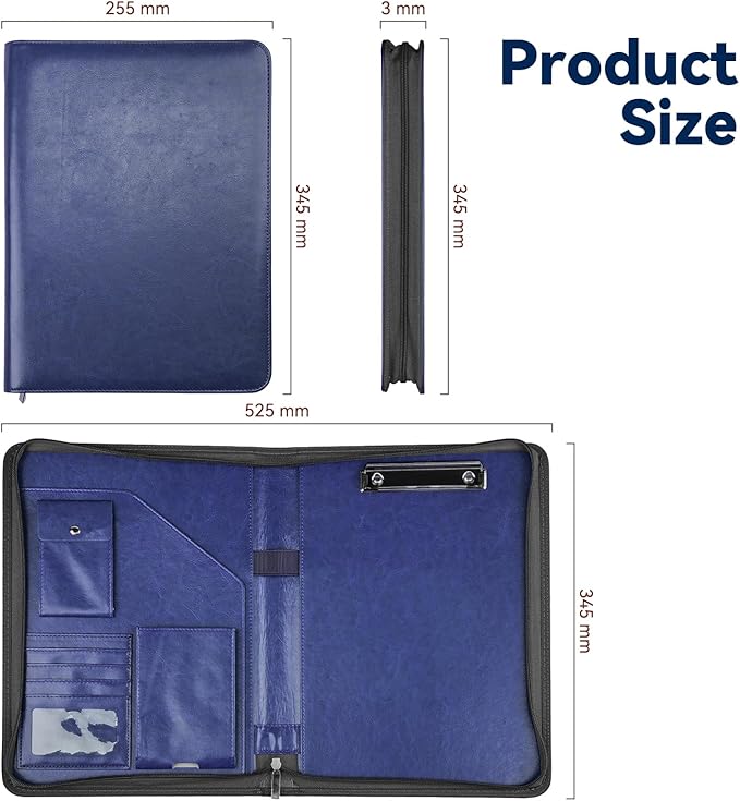 WRIYES Zippered Padfolio Organizer, Blue, 10.2 Inch Portfolio Folder | Leather Planner Binder, For Documents, Letter Size, Business Card Hold