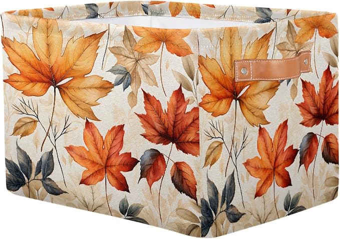 Rectangular Storage Bins Autumn Maple Leaves Pattern Collapsible Fabric Storage Basket Organizer with Handles for Nursery Bedroom Bathroom