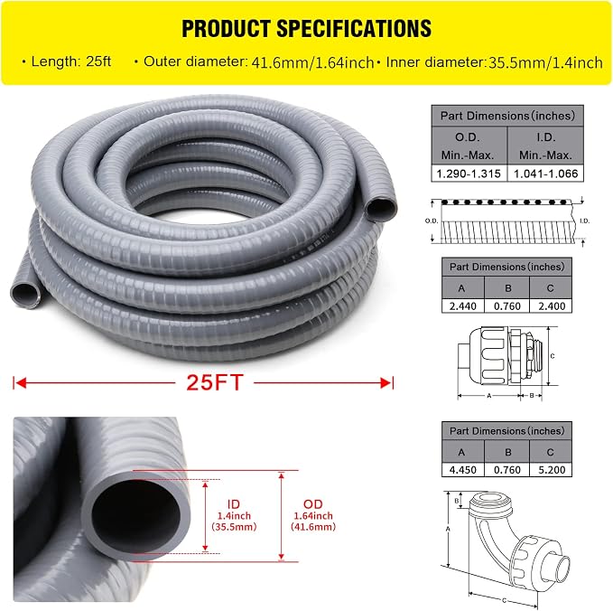 DWALE Liquid-Tight Conduit and Connector Kit,Flexible Non Metallic Liquid Tight Electrical Conduit,1-1/4inch25ft Electrical Conduit Kit,with4 Straight and2 Angle Fittings Included,1-1.4 in. Dia