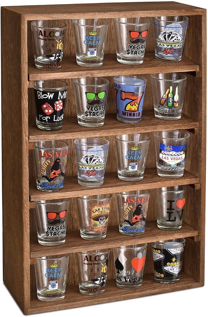 Ikee Design Wooden Wall-Mounted Display Shelves Rack for Collectibles-Figures,Shot Glasses,Spice Can,Cosmetics or Perfume-5 Adjustable Height Shelves,Space-Saving- Brown Color