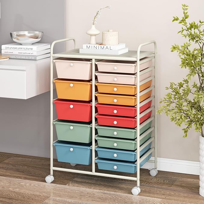 COSTWAY 15 Drawer Rolling Storage Cart, Mobile Storage Organizer | Removable Drawers & Metal Frame, Multipurpose Utility Tools Paper Organizer on Wheels for Home, Office (Macaron)