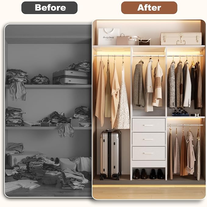 Besiost 4FT Small Closet System with 3 Fabric Drawers, 48'' Closet Organizer System With 3 Adjustable Shelves, Flexible Built-In Clothes Garment Rack for Small Space, 48" L x 13" W x 71" H, Pure White
