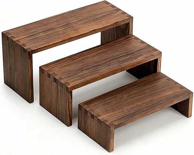 3-Tier Wooden Display Risers, Tiered Display Stand, Shelf Risers for Table Display, Small Wood Display Shelf (1, Cranberry)
