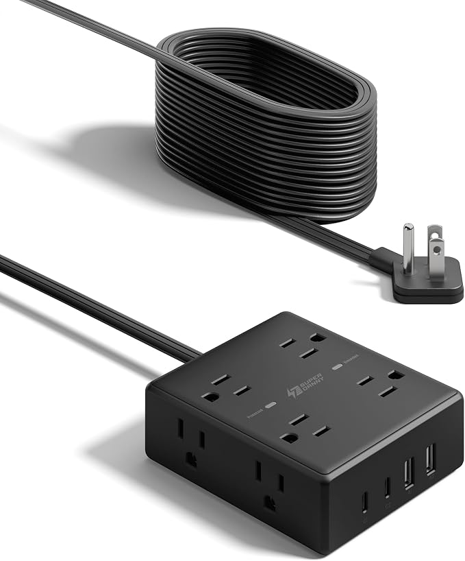 SUPERDANNY Extension Cord,Flat Plug Surge Protector Power Strip,20Ft | 8 AC & 4 USB Ports (2 USB C),Surge Protector with 1050J,Desk Charging Station for Home Office,College Dorm Room Essentials