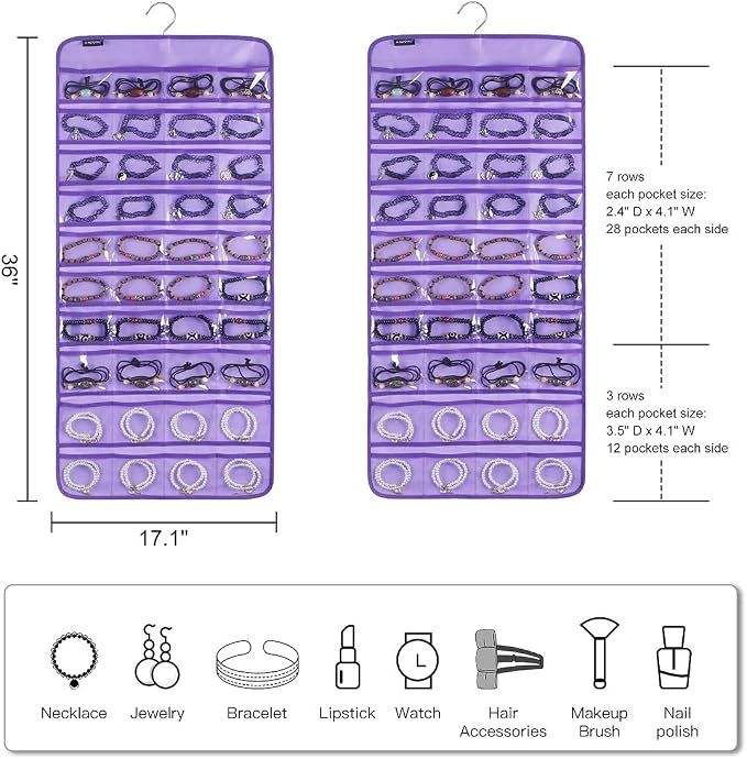 80 Pockets Hanging Jewelry Organizer for Holding Jewelries Dual-Sided Accessory Display Holder for Earrings Bracelets Rings (80 Pockets-Purple)