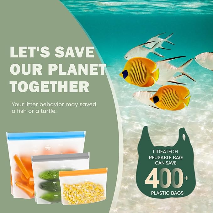 IDEATECH Reusable Sandwich Bags Gallon Freezer Bags Leakproof & Dishwasher Safe - Silicone Bag for Food Ftorage Stand Up for Meal Prep, Travel, Washable (6 Gallon + 6 Sandwich + 8 Snack)