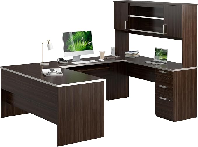 Bestar, Ridgeley Collection, Modern Executive Computer Desk with Pedestal and Hutch | With Pedestal and Hutch; Made in North America; for home or professional office use; 2 adjustable shelves; Metal construction
