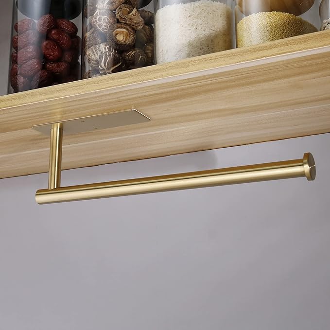 Paper Towel Holder Under Cabinet Wall Mount Paper Towel Holder Adhensive SUS304 Stainless Steel Kitchen Towel Holder Rack Hanging Paper Holder for Kitchen Bathroom Organizer(1,Gold)