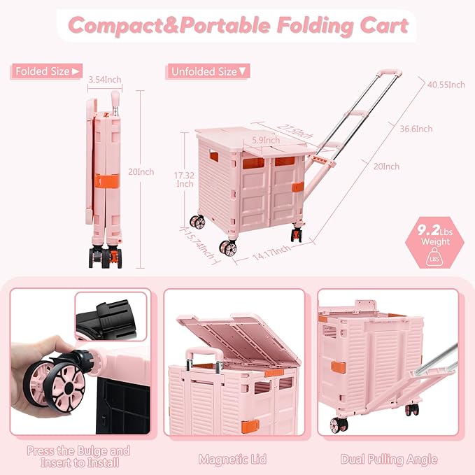FELICON SELORSS Folding Utility Cart Rolling Crate Tote Basket Box Storage Handcart on 4 Swivel Wheels with Adjustable Handle Extended Magnetic Lid for Teacher Move Shop Travel Grocery Office(Pink)