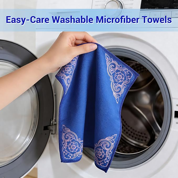 YUA Microfiber Cleaning Cloth 12 Pack,Microfiber Towels Cleaning,Microfiber Towels for Cars,Absorbent Dish Washing Cloth,Reusable Cleaning Cloths Lint Free (Blue Corner Flower)