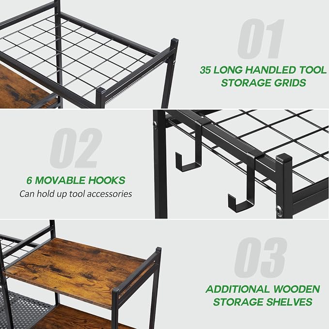 DAOUTIME Garage Tool Organizer with 2-tier Wooden Shelves, Yard Tool Organizer for Garage with 6 Hooks, Heavy duty Steel Garden Tool Rack Holds up to 35 Long Handled Yard tools for Storage, Black
