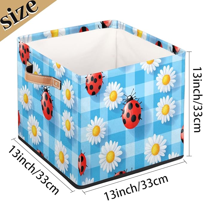TropicalLife Flower Ladybugs Checkered Storage Cube, 13 Inch Fabric Cube Storage Organizer Bin for Shelves Clothes, Decorative Foldable Storage Boxes