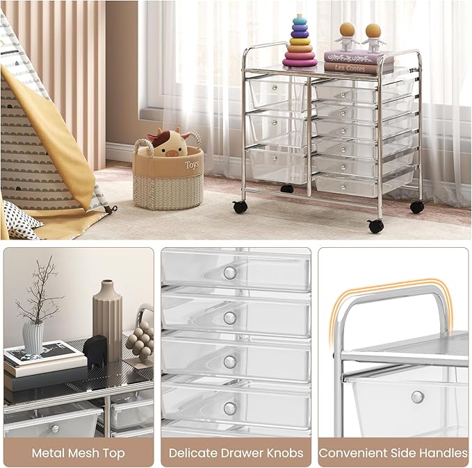 RELAX4LIFE 9 Drawer Rolling Storage Cart - Mobile Drawer Carts for Craft Art Supply Paper Salon, Utility Cart on Wheels for Classroom Teacher School Office, Rolling Cart with Drawers (Clear)