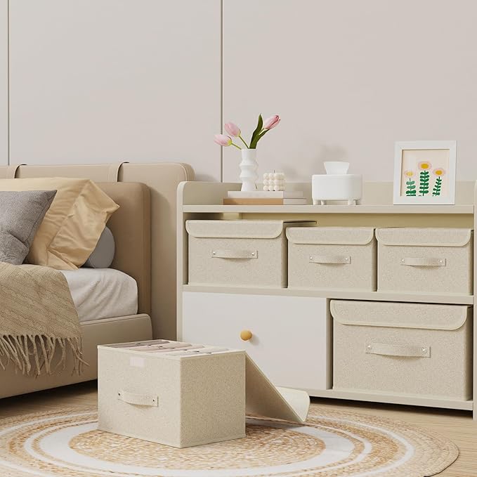 Fabric Storage Bins Cube Organizers with Flip-Top Lid and Handles,Storage Boxes for Organizing Home,Office,and Closet,Grey and Beige,5 Pack 13 X 9.1 X 7.9 in