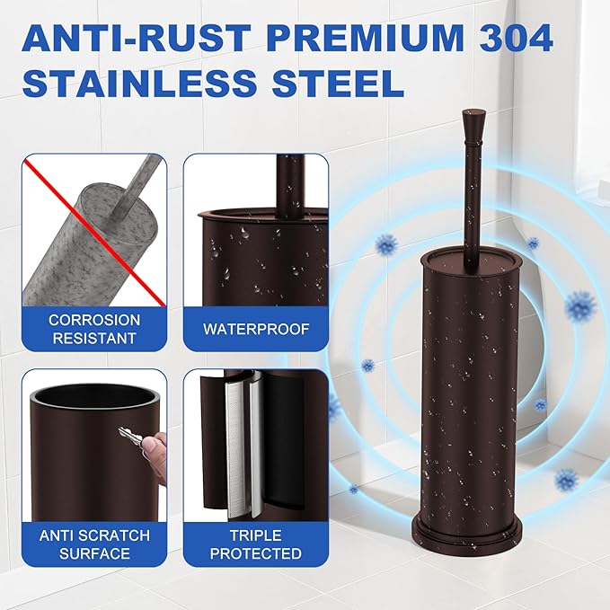 Toilet Brush and Holder Set：304 Stainless Steel Heavy Duty Toilet Bowl Brush，Removable Inner Bowl and Splash Protection，Bathroom Toilet Brush-Dense Bristles for Through Cleaning