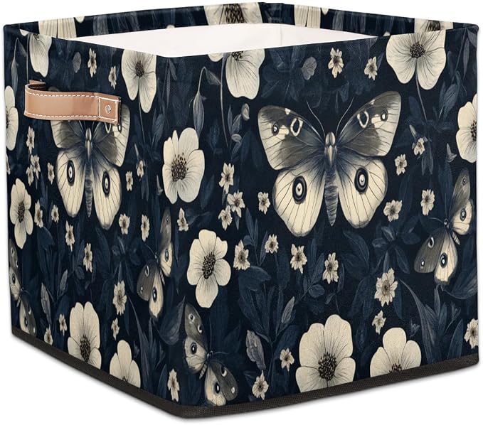 TropicalLife Flowers Moths Storage Cube, 13 Inch Fabric Cube Storage Organizer Bin for Shelves Clothes, Decorative Foldable Storage Boxes