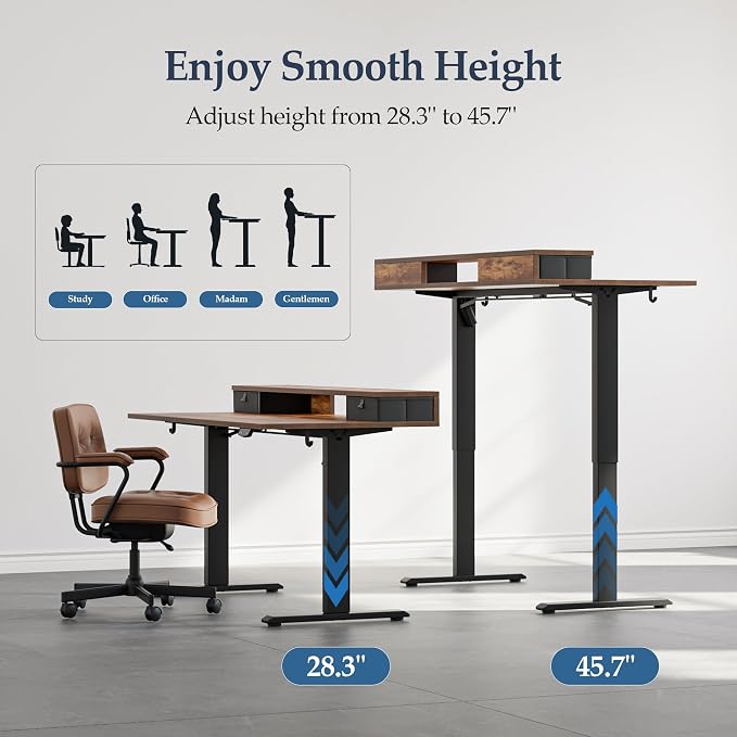 Klicelor 48 x23 Inch Electric Standing Desk with Drawers, Adjustable Height Small Sit Stand Desk for Home Office, Compact Computer Workstation with Storage– Rustic Brown