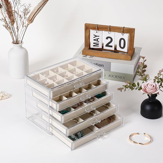 CLUQMEIK Acrylic Jewelry Organizer Box with 5 Drawers, 50 Grids Clear Earring Box Organizer with Adjustable Velvet Trays, Jewelry Storage Organizer for Women Girls, Beige