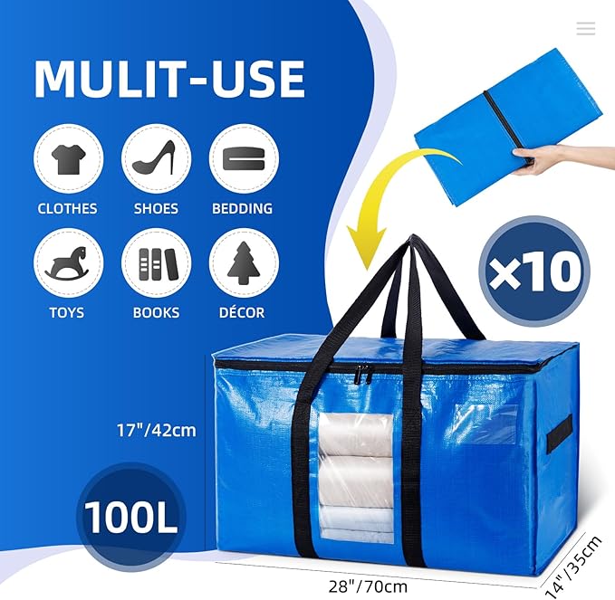 TAILI Extra Large Moving Bags, 10 Pack Blue Heavy Duty Totes for Storage with Visible Window, Wrap Around Handles, Storage Bags for Space Saving, Alternative to Moving Boxes