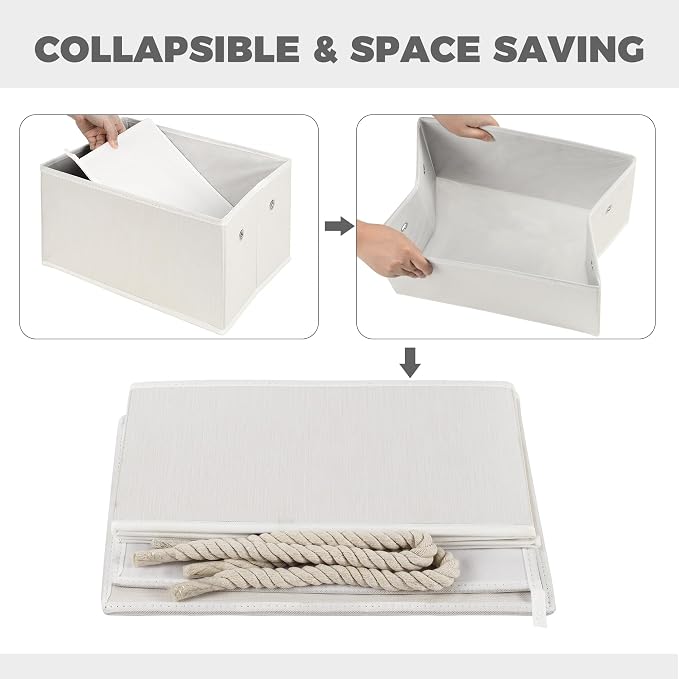 Set of 3 Fabric Bins for Organization - Foldable & Stackable With Lid & Rope Handles - Collapsible Fabric Storage Cubes Lightweight & Sturdy Bottom, Space Saving Collapsible Bin, Ivory