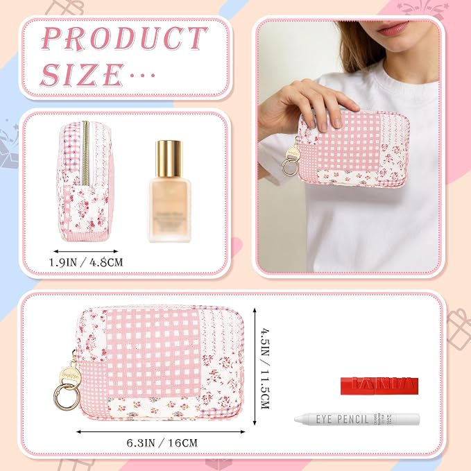 Quilted Small Makeup Bag, Multi Pockets Cosmetic Pouch, PJ Pink | Floral Travel Makeup Pouch, Make Up Pouch for Women, Purse Organizer Pouches for Travel/ Gym/ Daily Use, Perfect Gifts