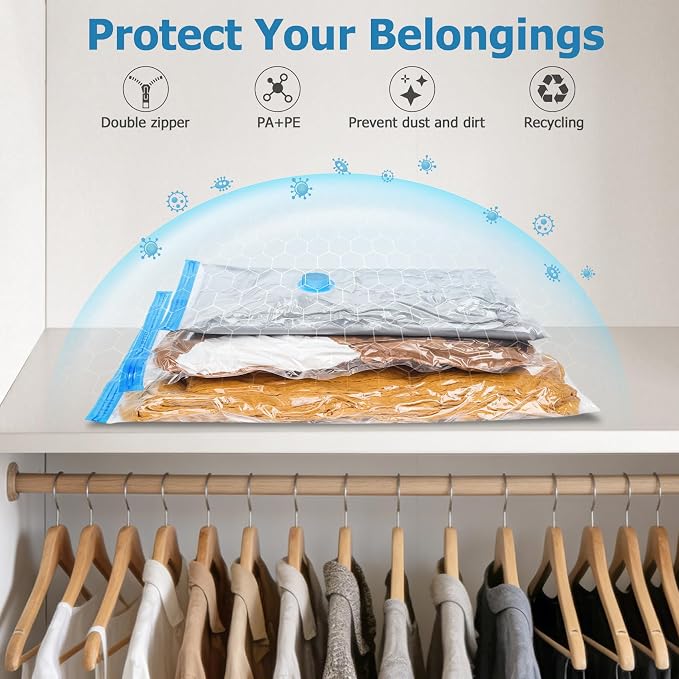 15 Vacuum Seal Bags for Clothing Travel with Rechargeable Air Pump | 4 Size Space Saver Vacuum Storage Bags, 1500mAh Type-C Pump, 6000Pa Saves 80% Space, PA+PE Tearproof Zipper For Luggage