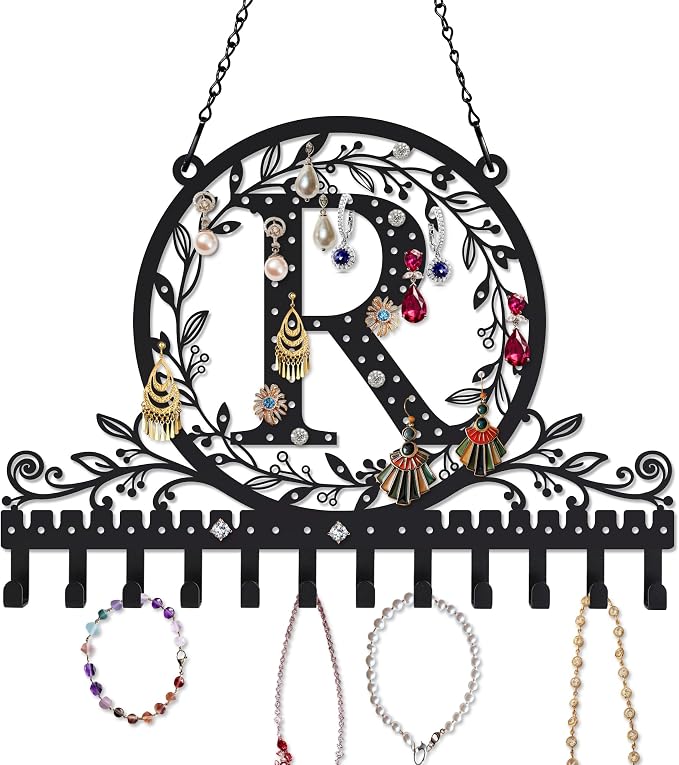 Personalized Wall Mounted Metal Initial Letter R Earring Holder Jewelry Organizer for Earrings and Necklaces Space Saving Wall Display with Hooks Jewelry Storage Bedroom Vanity Gift for Women