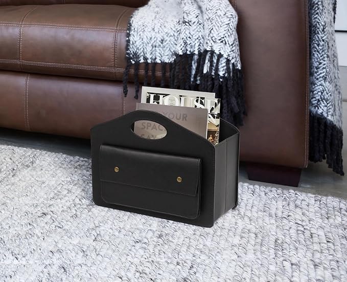 HofferRuffer Magazine Basket Holder, Foldable Magazine Rack, Document File Holder Organizer, File Folder, Newspaper Storage Bin Organizer for Home or Office (Black Magazine Basket)
