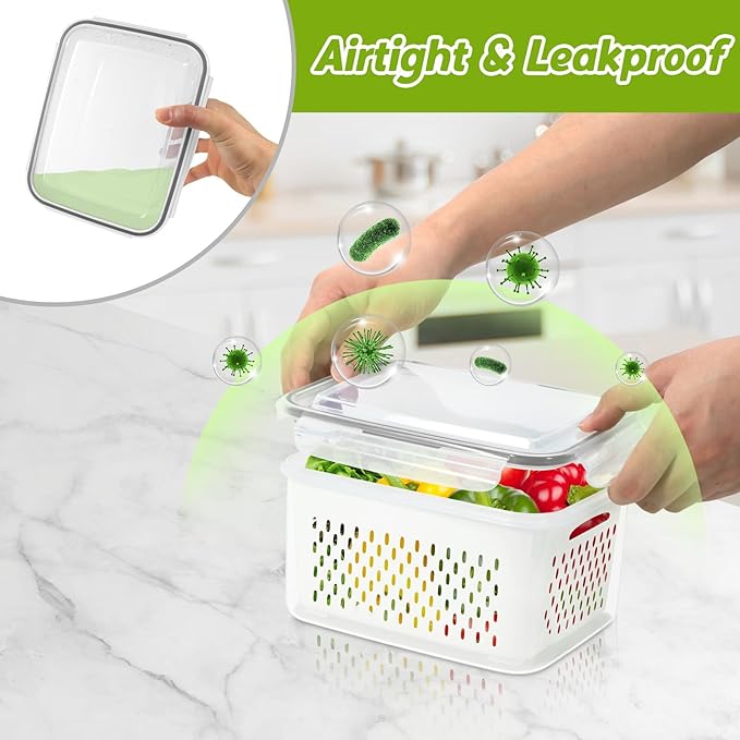 8 Pieces Fruit Storage Container for Fridge, 4Pack Plastic Fruit Containers for Fridge with Removable Colander, Container for Fruit Berry Salad Lettuce, BPA Free Kitchen Refrigerator Organizers