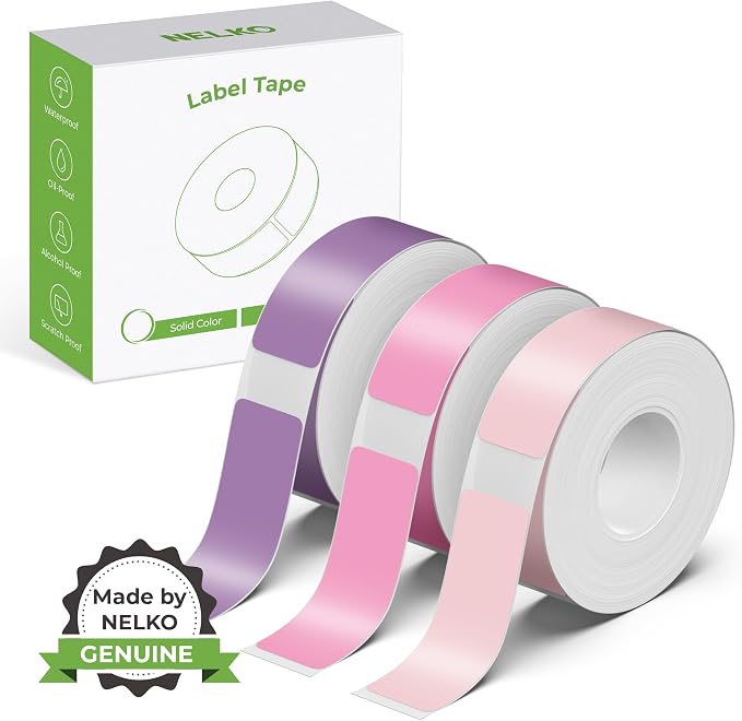 NELKO Genuine P21 Label Maker Tape,14x40mm, 3-Roll, Purple/Rose/Pink | Easy to Peel, BPA-Free, Strong Adhesion, Water-Resistant & Oil-Proof, Great for School, Office, Home, Kitchen, Black on White