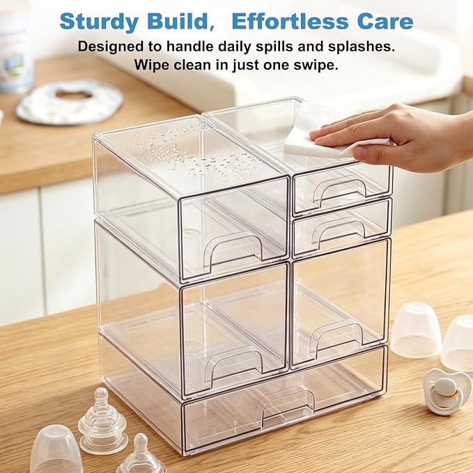 Clear Baby Bottle Organizer, 6-Piece Modular Stackable Acrylic Bins Set | BPA-Free Heavy-Duty Acrylic; Fits Breast Pump Parts, Nipples & Pacifiers; Space-Saving Nursery Cabinet & Drawer Organizer