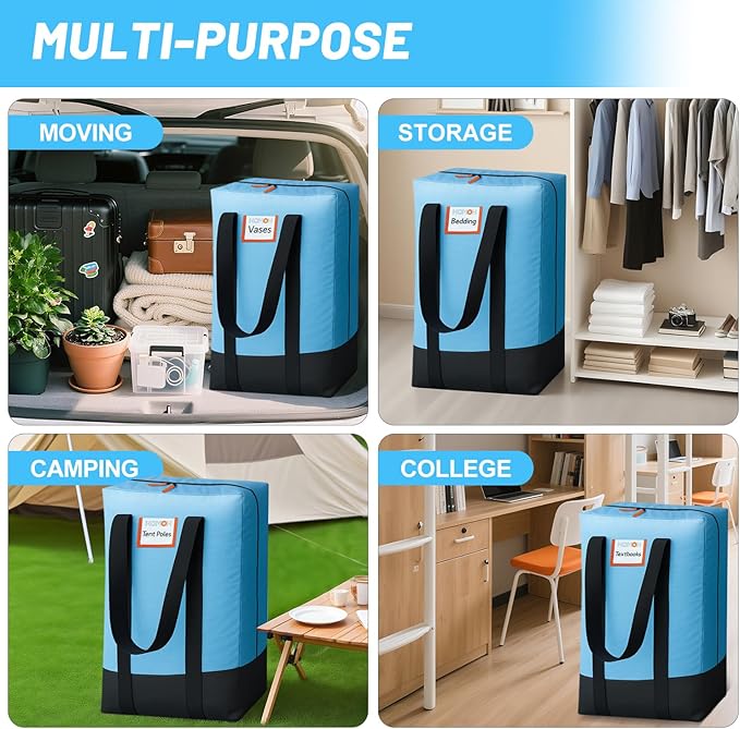 4 Pack Packing Bags for Moving, Storage Bags with Internal Compression Straps, Heavy Duty Moving Totes with Wrap Around Handles, Alternative to Moving Boxes, Blue and Black