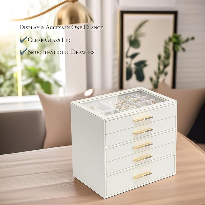 VLANDO 5-Drawer Jewelry Box with Glass Lid, Faux Leather Organizer for Rings Earrings Necklaces and More, Gift-Ready Jewelry Case for Women Girls or Moms, Beige