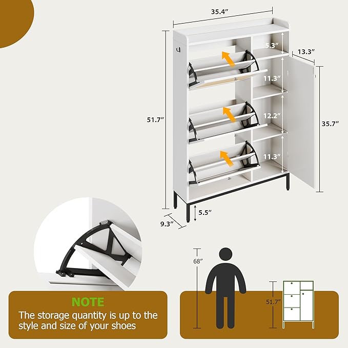 Garvee Shoe Cabinet with 3 Flip Drawers, Freestanding Shoe Organizer with 4-Tier Shoe Storage Cabinet and Adjustable Shelf & Rattan Doors,Narrow Shoe Rack Cabinet for Entryway, Closet, Hallway
