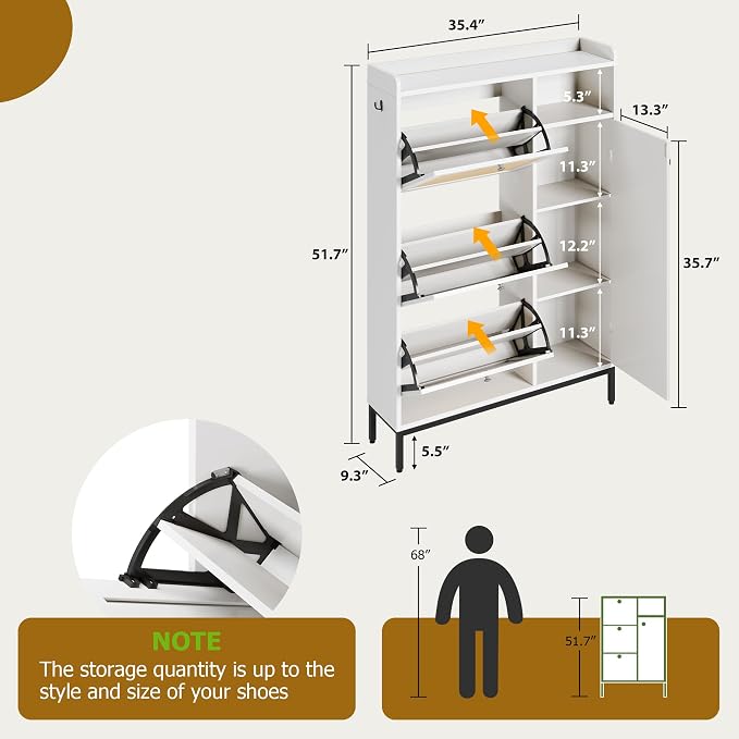 GarveeHome Shoe Cabinet Rattan with 3 Flip Drawers and 4-Tier Shoe Storage Cabinet, Freestanding Shoe Organizer with Adjustable Shelves for Entryway, Closet, Hallway (White)