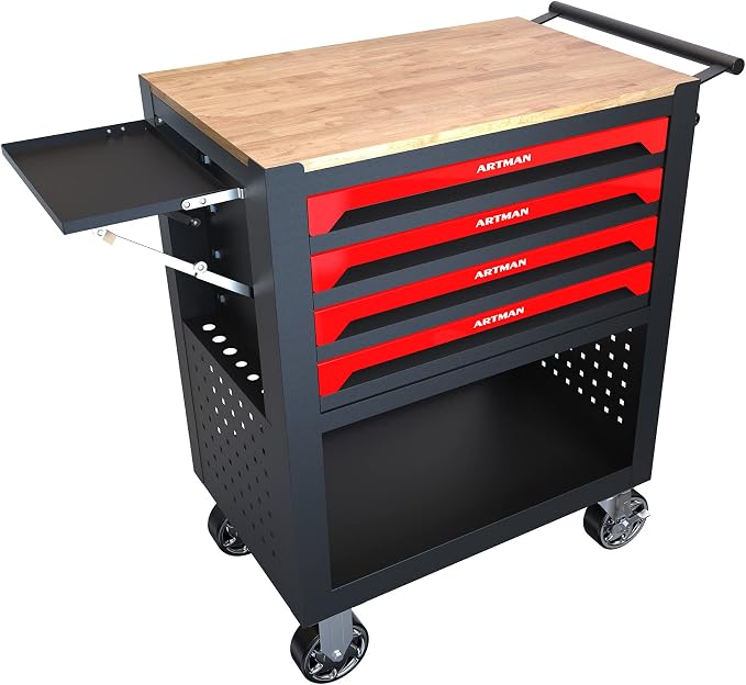 36" Tool Box with Wheels 4 Drawers Rolling Tool Cart, Wooden Top Workbench, 660lbs Total load Tool Cabinet with Locked Drawers Storage Organizer Cabinet for Garage, Warehouse, Repair Shop - Red