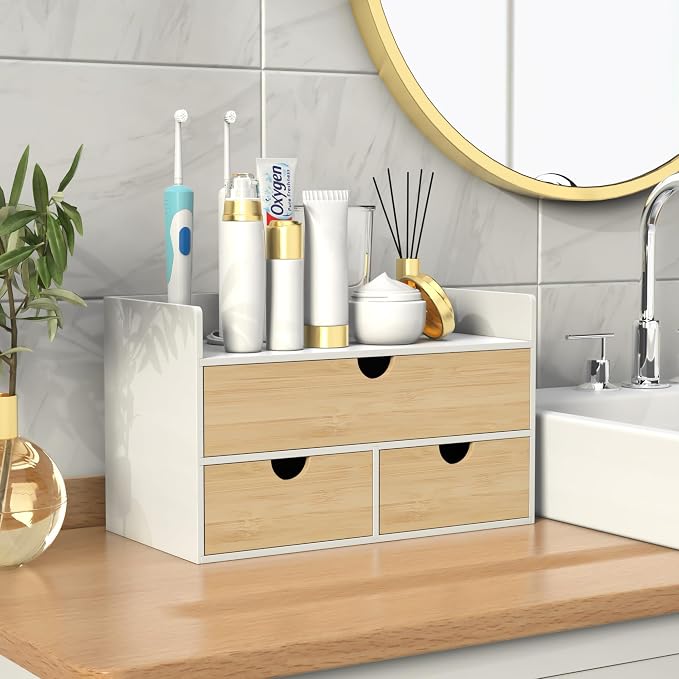 Bamboo Desk Organizer with Drawers, Desktop Storage for Office Supplies | 3 Drawers Desktop organizer, No Assembly Required, Natural Wood Wooden Desktop Drawers Box for Bills, Cosmetics, Seals, Paper
