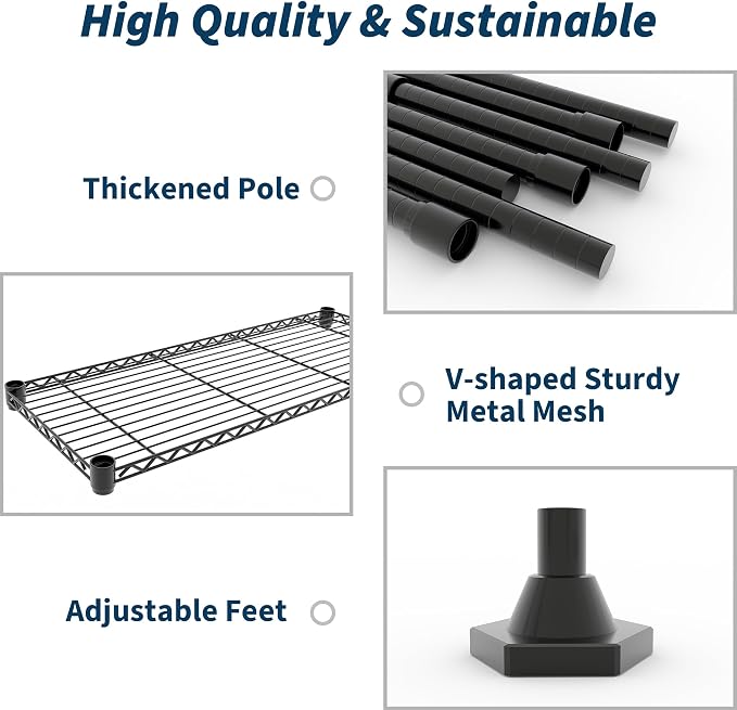 71"W Metal Storage Shelves 5-Tier, Heavy Duty 1325LBS Wire Rack Shelving Unit, Adjustable Black Standing Shelves for Garage Kitchen Pantry Commercial Storage, H or L-shaped Shelf,15.7"D x 70.5"H